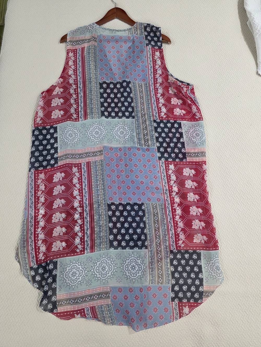 C. Est 1946 Patchwork Boho Open Front Vest Duster XL Sleeveless Mixed Print - Picture 12 of 13